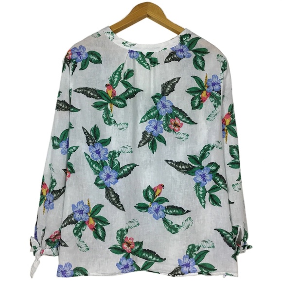 Linen Cotton Tropical Print V-Neck Blouse Top - Picture 4 of 8